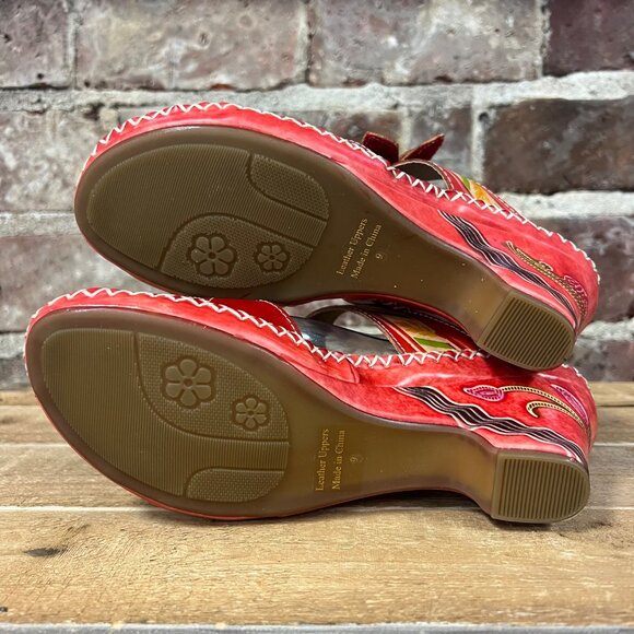 NIB Elite By Corkys 'Poppy' Red Leather Floral Heeled Sandal Sz 9 - Picture 10 of 13